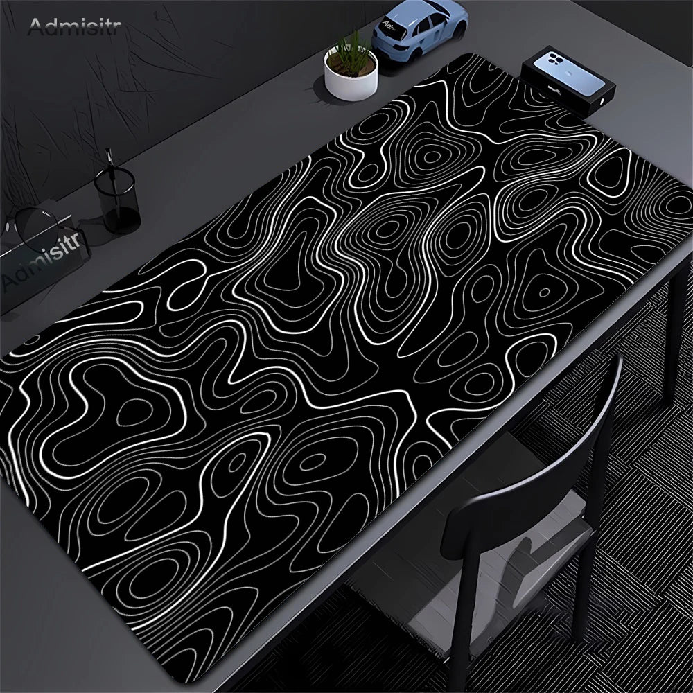 XXL Desk Mat Black and White Strata Liquid Mousepad Large Abstract Mouse Pad Gaming Deskmat with Lockedge Office Non-Slip Carpet