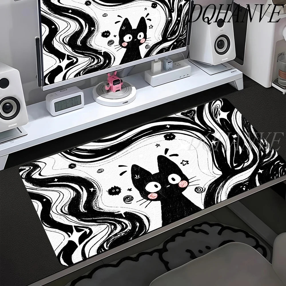 Cute Line Black Cat Desk Mat Gamer Mousepads XXL Office Mouse Pad Grey Desk Mat Large Gaming Mousepad Mouse Mats for Computer